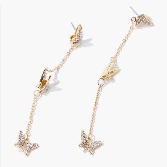 Gold 3 Inch Long Dangle Boho Butterfly Earrings With Crystal Gemstones~ New - Picture 1 of 8